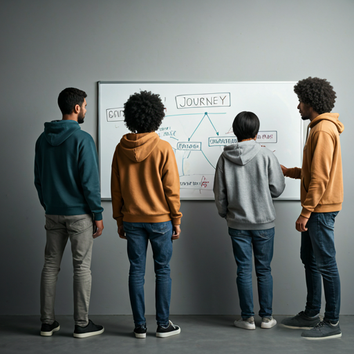 Cinematic diverse team in hoodies journey mapping on whiteboard