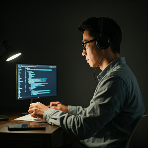 Developer coding with headphones in dark mode environment